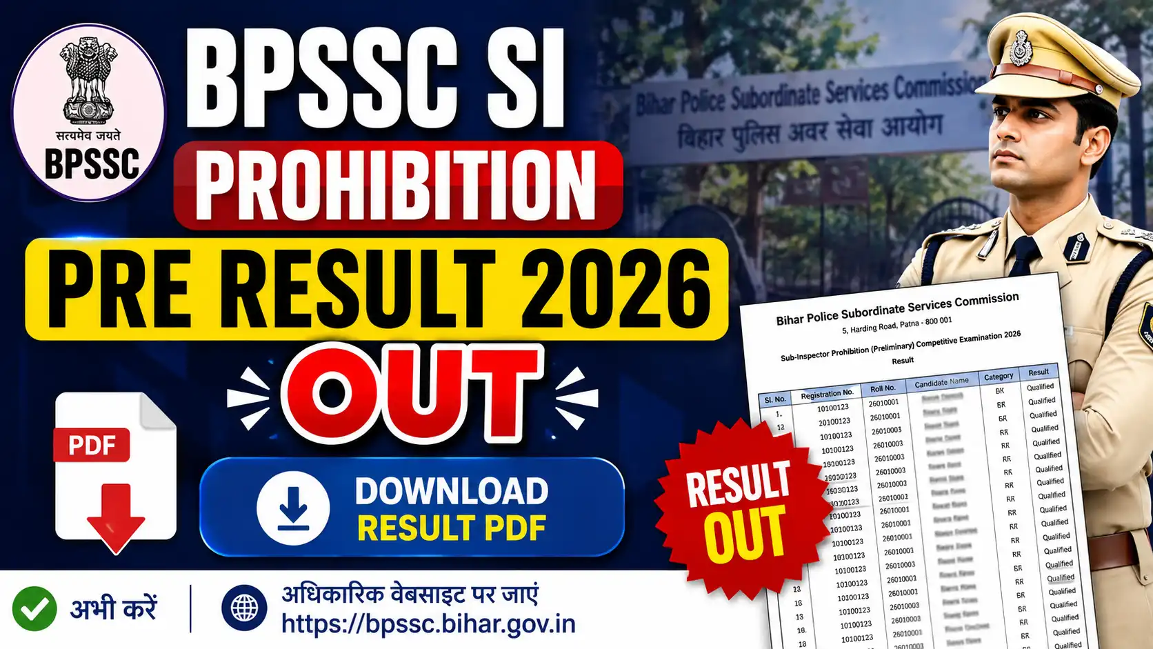 BPSSC SI Prohibition Pre Result 2026