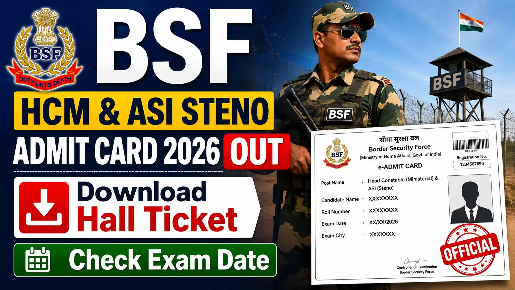 BSF HCM & ASI Steno Admit Card 2026 Out, Download Hall Ticket & Check Exam Date