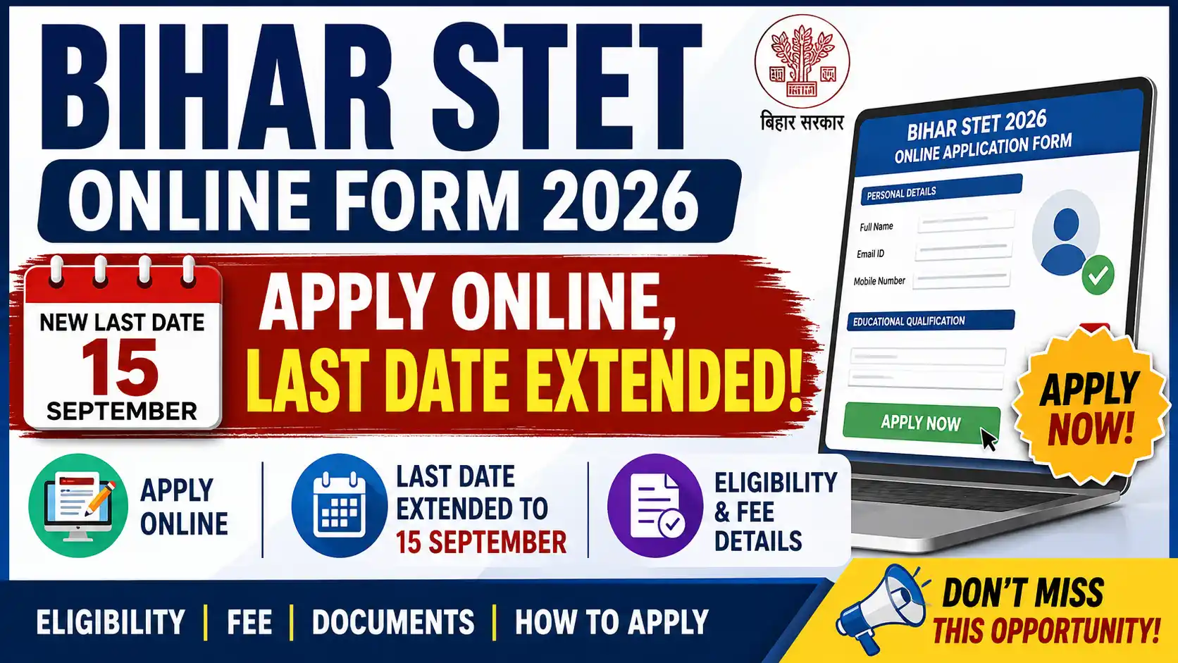 Bihar STET Online Form 2026 Apply Online, Last Date Extended to 15 September, Eligibility & Fee