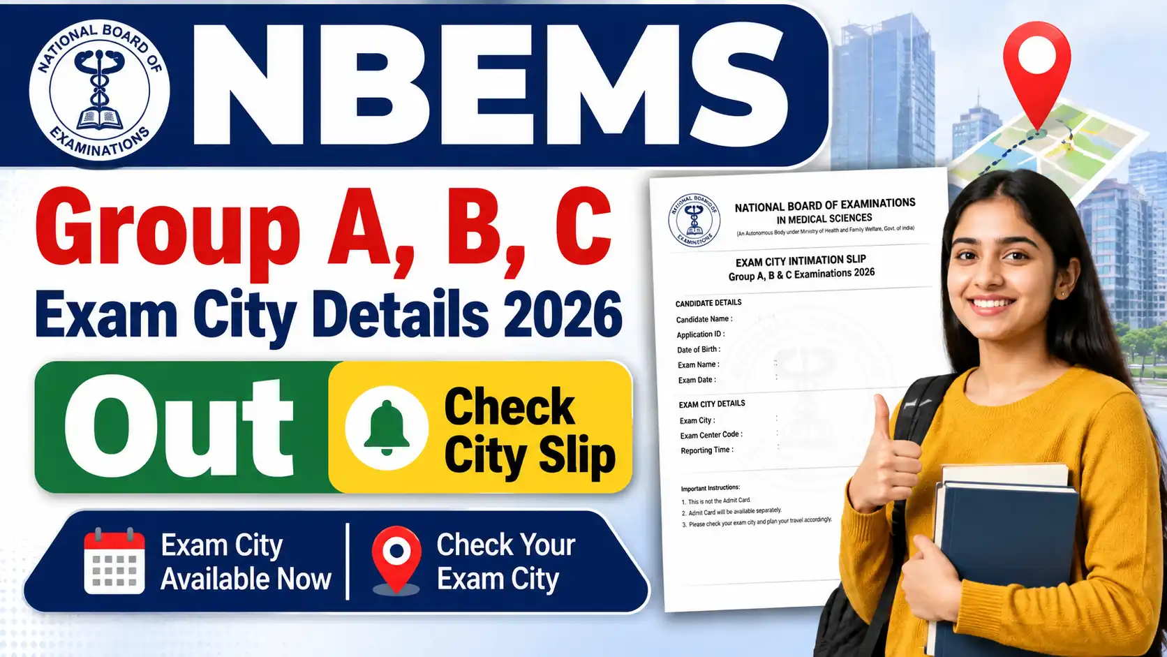 NBEMS Group A B C Exam City Details 2026 Out, Check City Slip