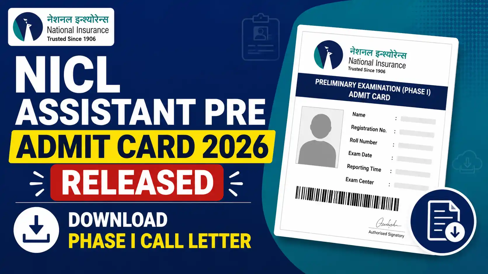 NICL Assistant Pre Admit Card 2026 Released, Download Phase I Call Letter