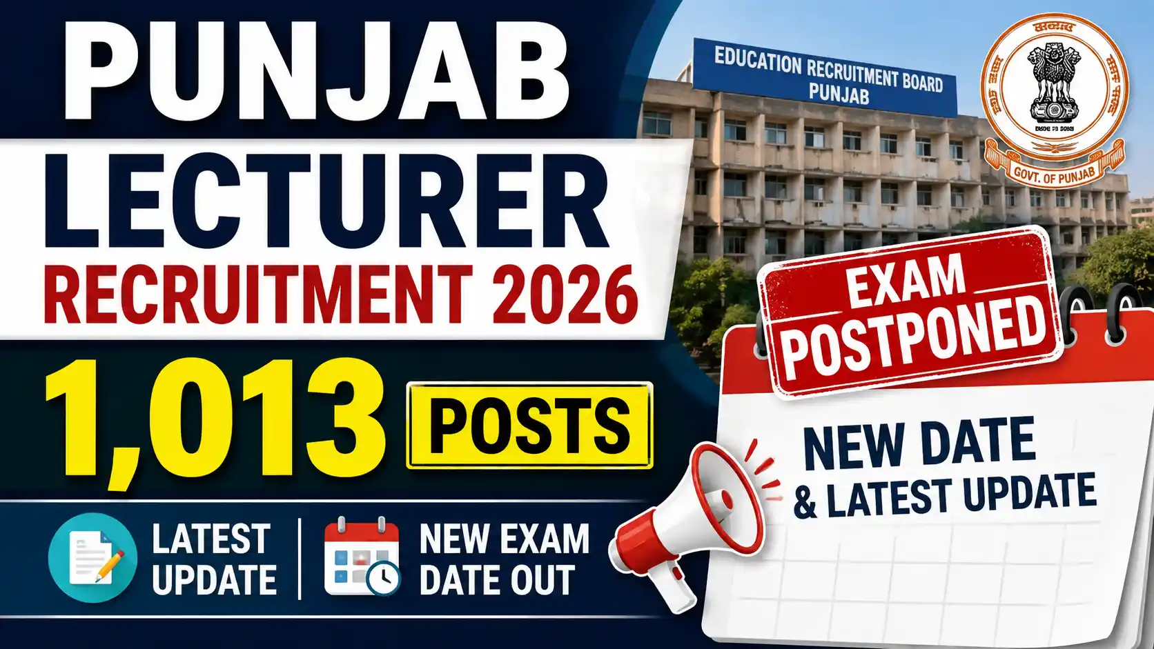 Punjab Lecturer Recruitment 2026 1,013 Posts, Exam Postponed, New Date & Latest Update