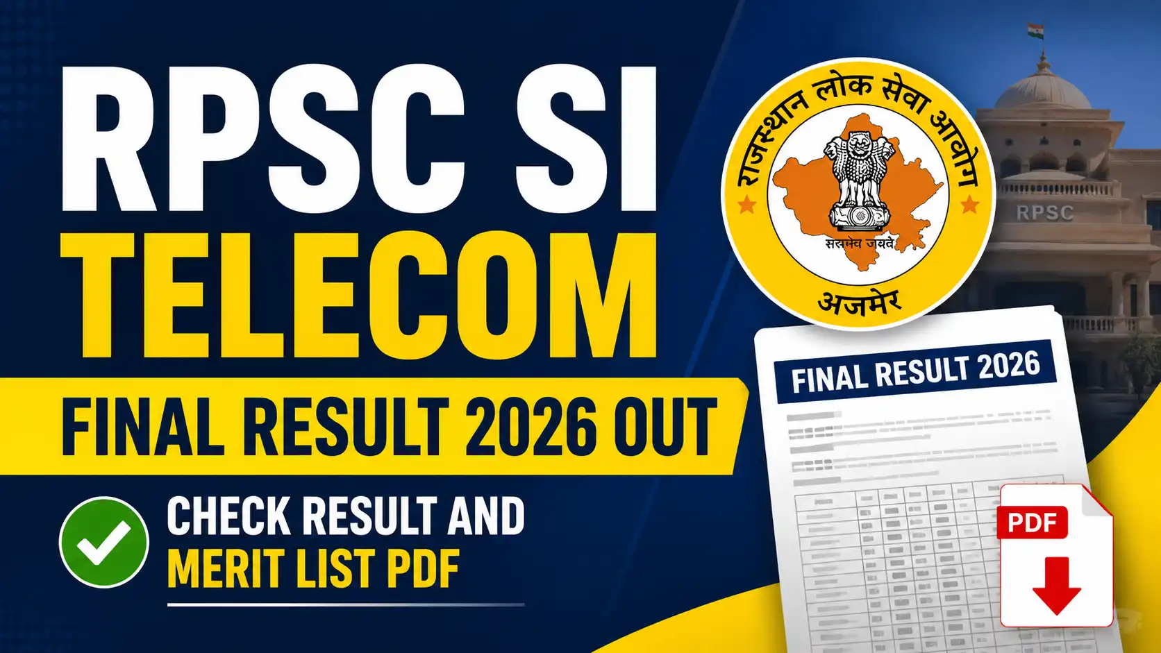 RPSC SI Telecom Final Result 2026 Out, Check Result and Merit List PDF