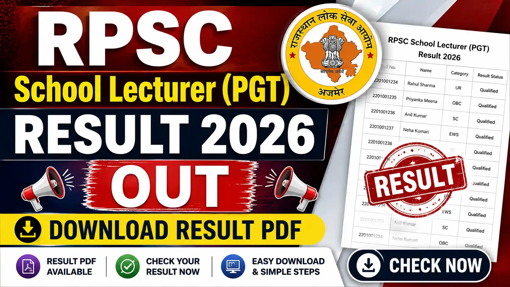 RPSC School Lecturer PGT Result 2026 Out, Download Result PDF