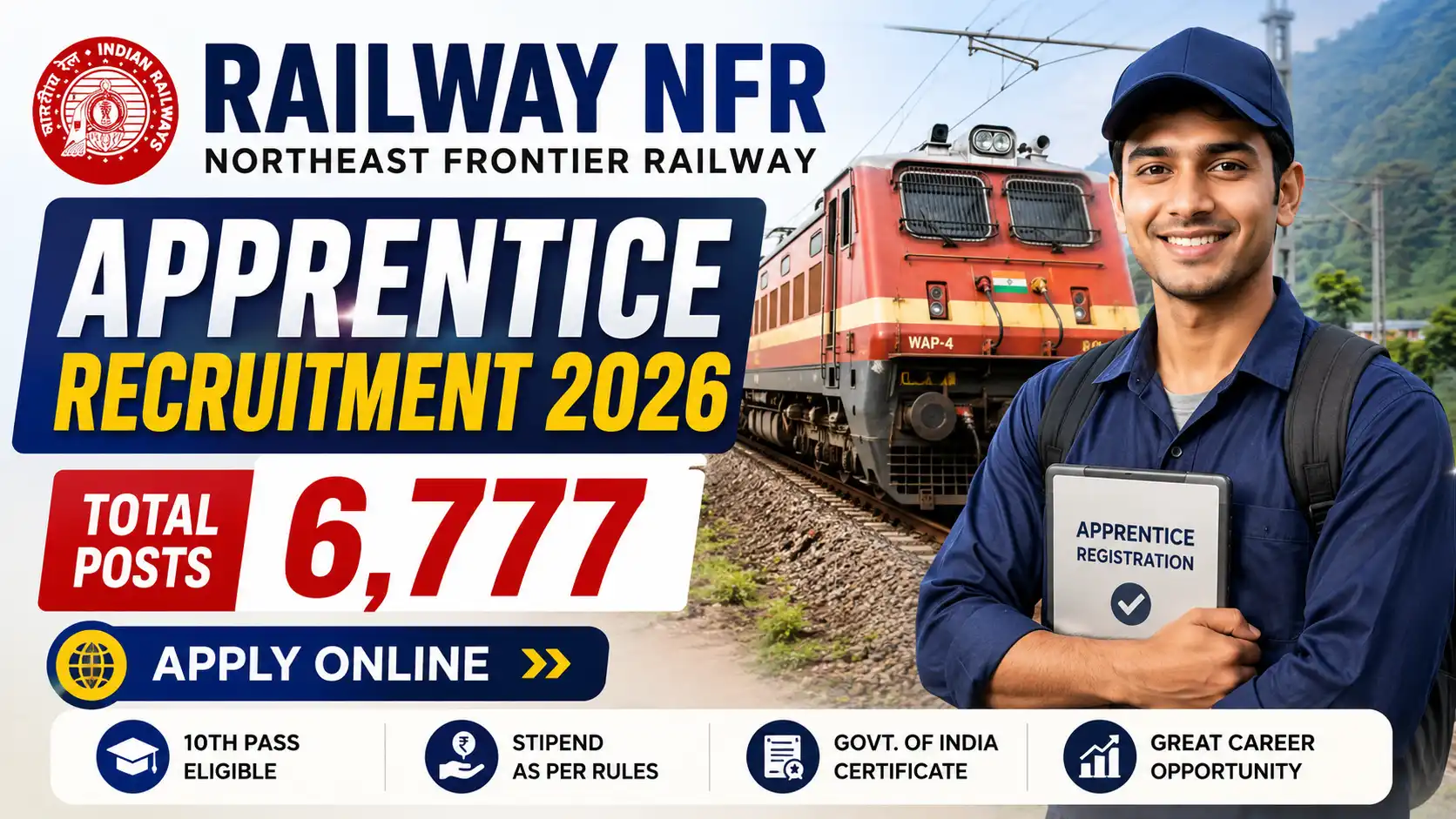 Railway NFR Apprentice Recruitment 2026, Apply Online for 6,777 Posts