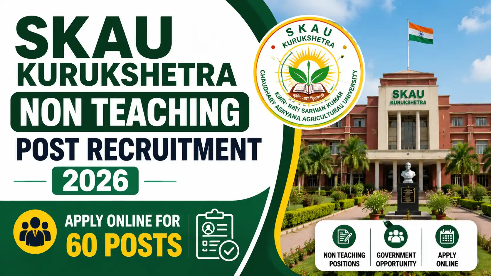 SKAU Kurukshetra Non Teaching Post Recruitment 2026, Apply Online for 60 Posts