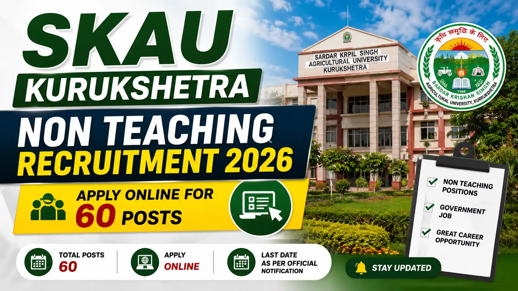 SKAU Kurukshetra Non Teaching Recruitment 2026 Apply Online for 60 Posts
