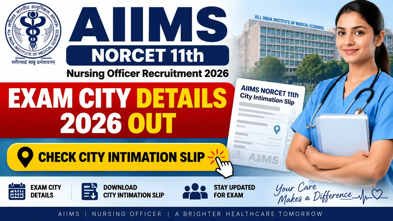 AIIMS NORCET 11th Nursing Officer Exam City Details 2026 Out, Check City Intimation Slip