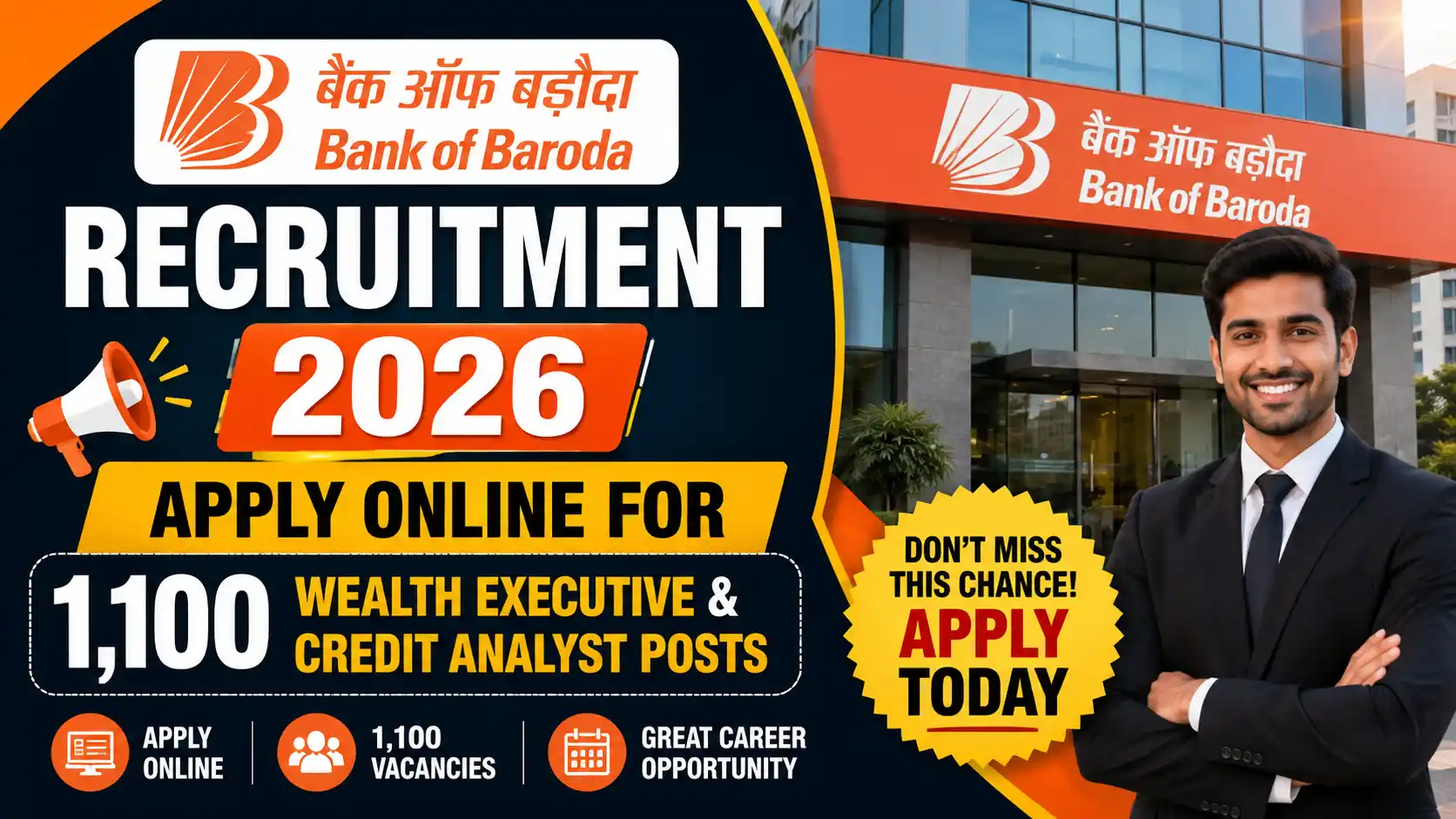 Bank of Baroda Recruitment 2026 Apply Online for 1,100 Wealth Executive & Credit Analyst Posts