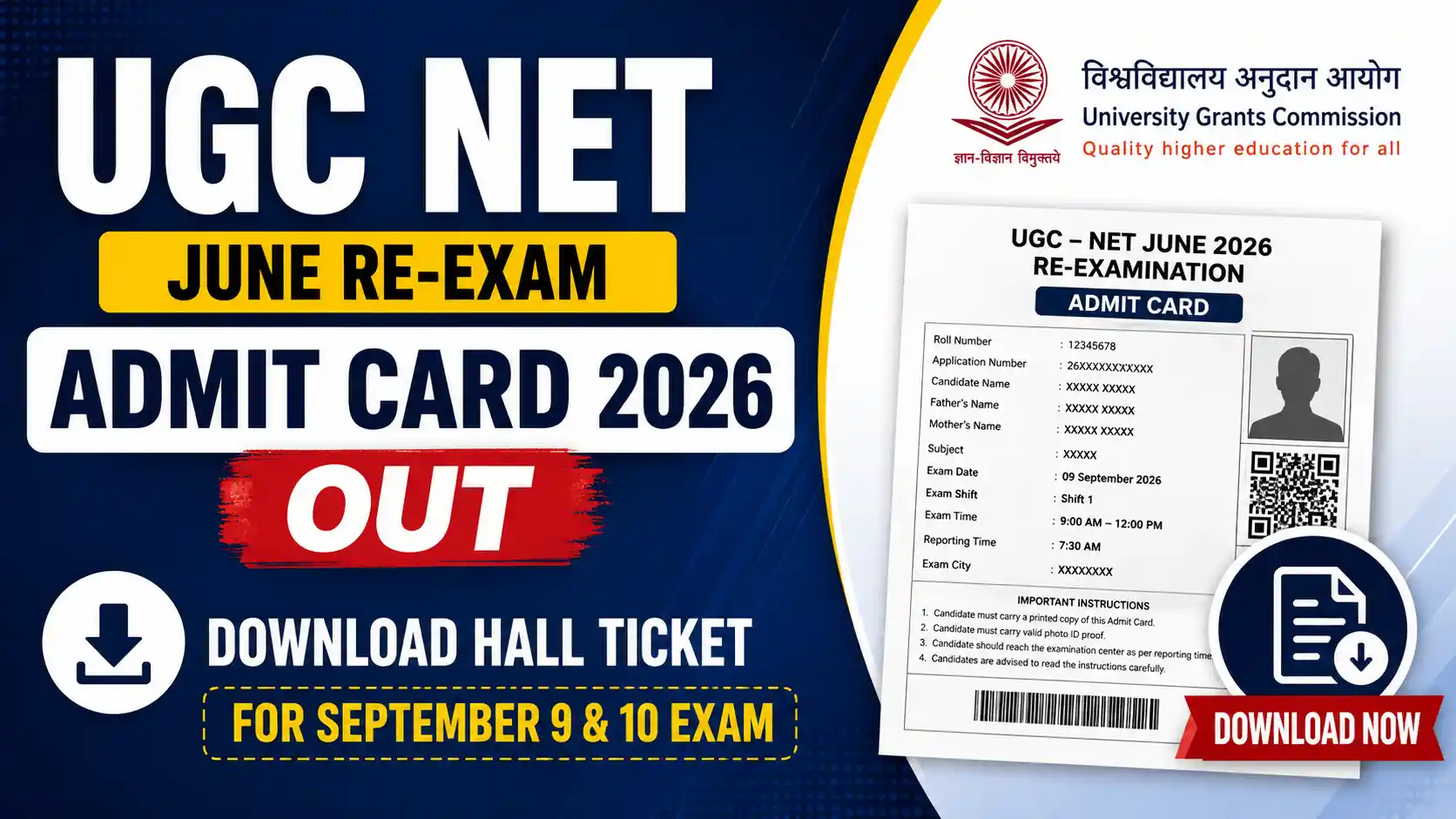 UGC NET June Re-Exam Admit Card 2026 Out Download Hall Ticket for September 9 & 10 Exam